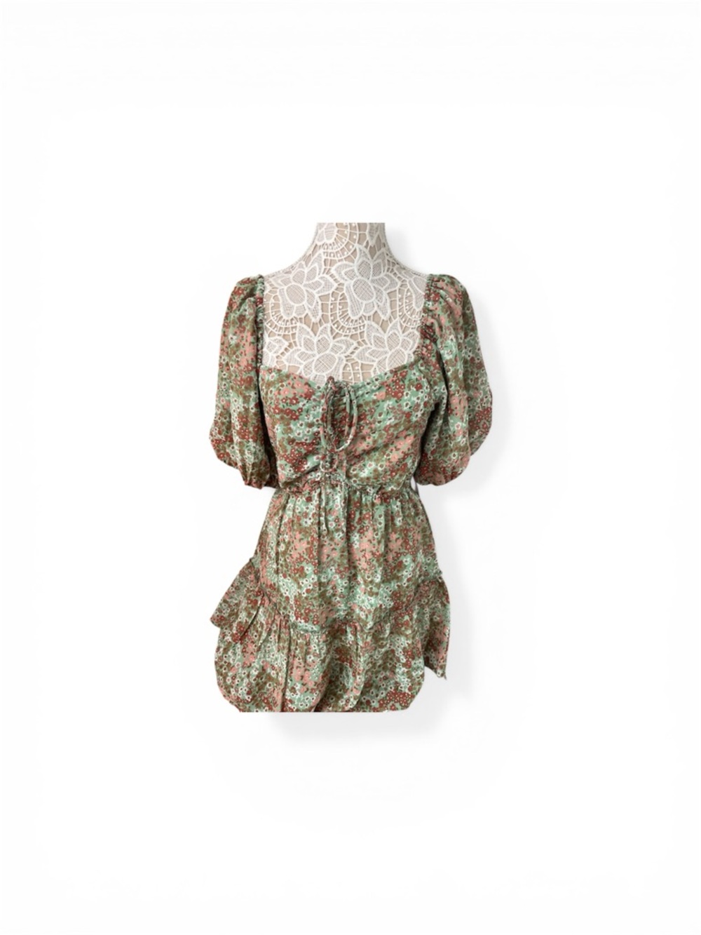 Floral Lace-Yoke Puff Sleeve Mini Dress in Mint and Rose - Picture 2 of 3